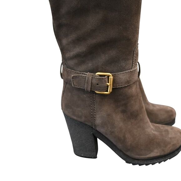 Prada Boots Women's Brown Size 38 Suede Round Toe Block Heel Mid Calf - Picture 4 of 13